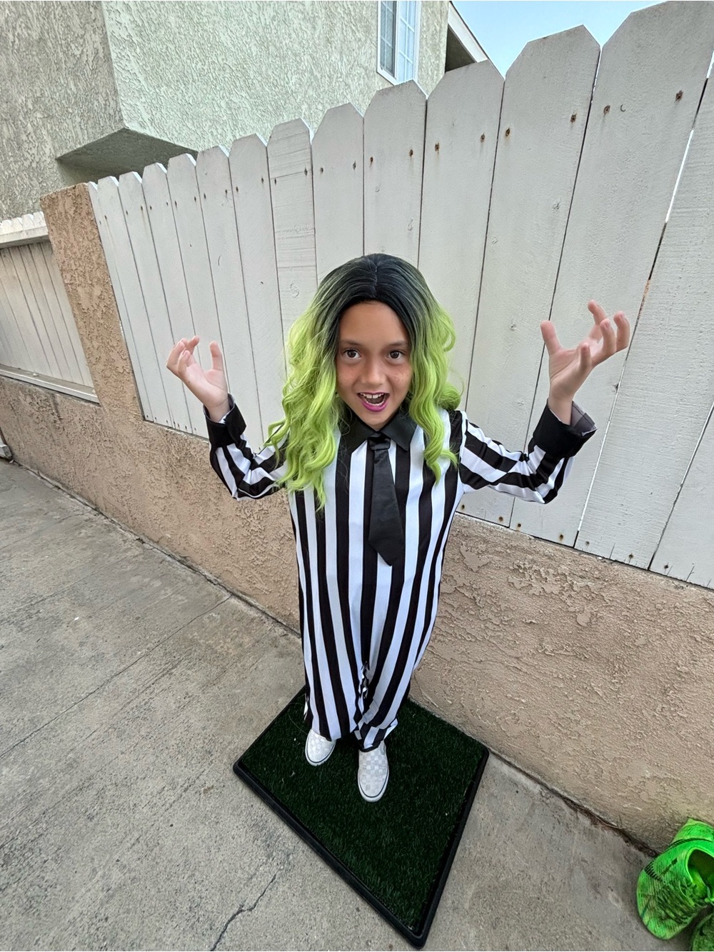 Beetle juice Costume with green wig and matching earrings - costume only